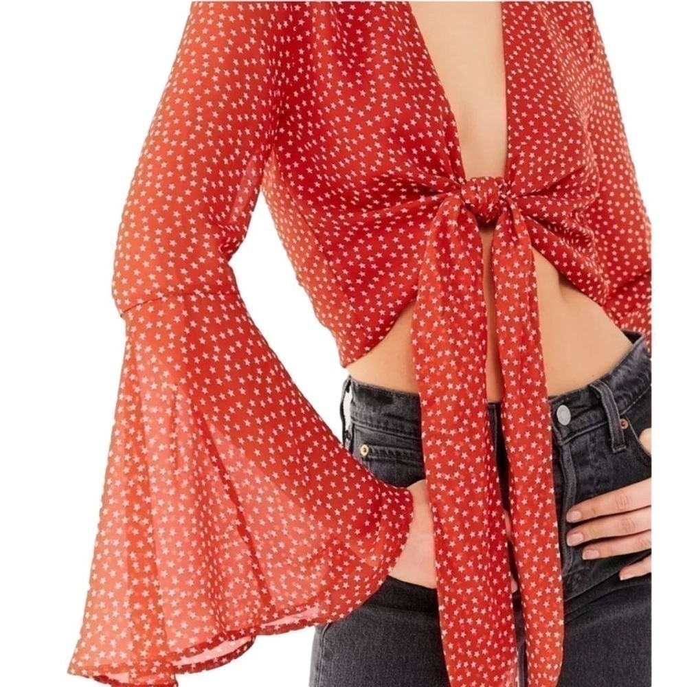 Urban Outfitters Red Star Tie Front Bell Sleeve Top, S - Picture 4 of 9